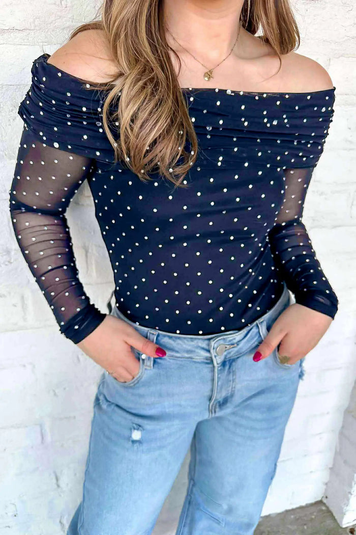 Off Shoulder Polka Dot Mesh Long Sleeve Sheath Top – Blue