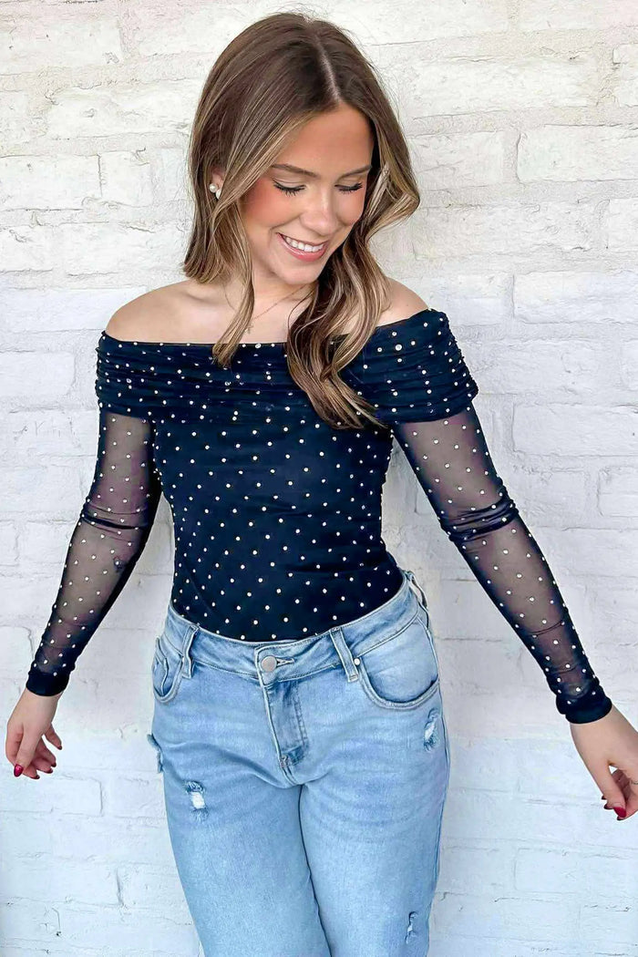 Off Shoulder Polka Dot Mesh Long Sleeve Sheath Top – Blue