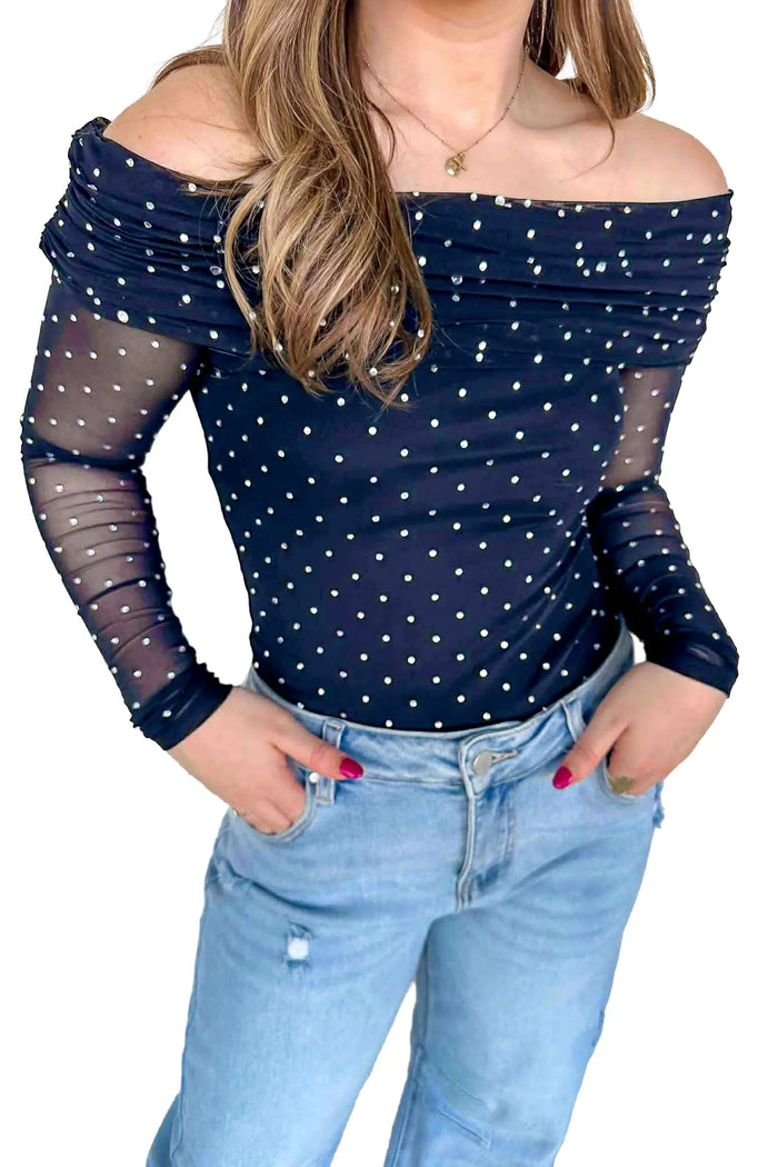 Off Shoulder Polka Dot Mesh Long Sleeve Sheath Top – Blue