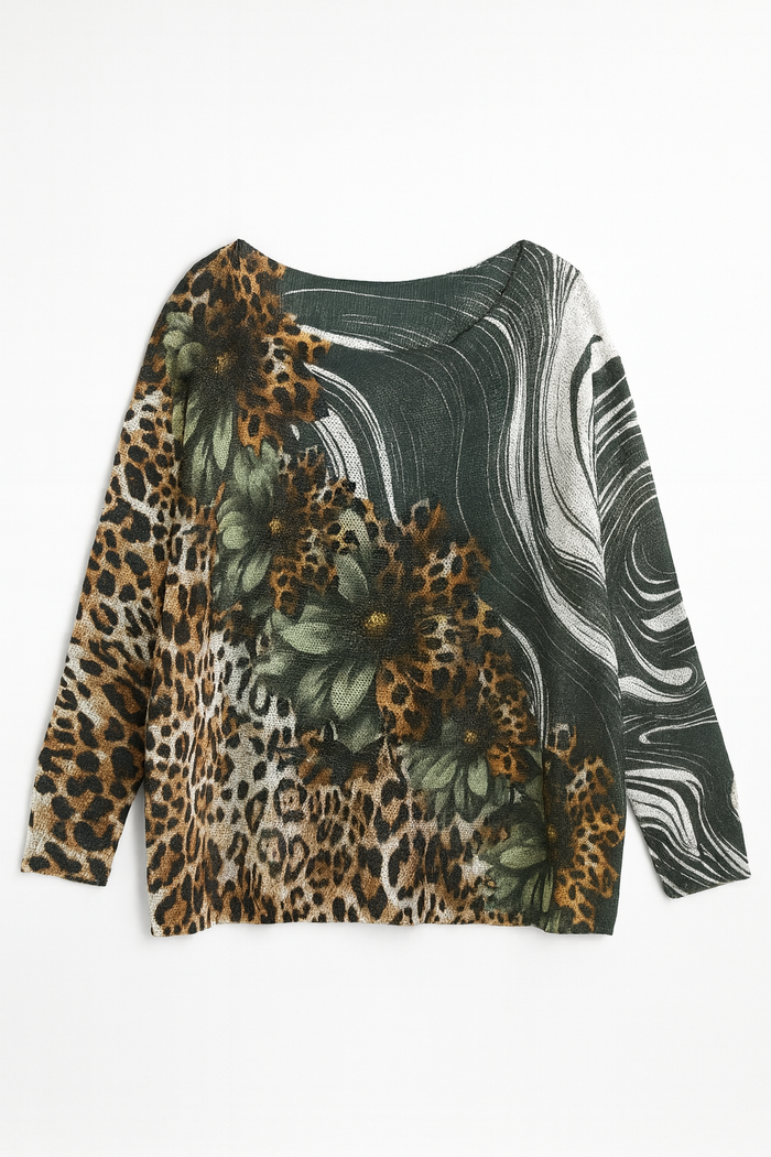 Olive knit sweater with leopard print, daisy accents, and swirling graphic pattern detail.