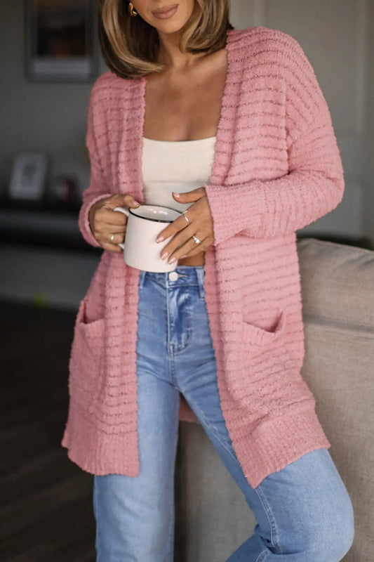 Open Front Soft Fuzzy Ribbed Sweater Cardigan – Light Pink