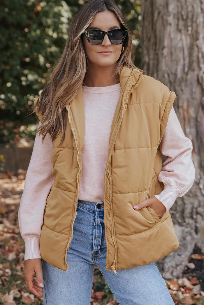 Oversized Stand Collar Zip Winter Vest – Khaki