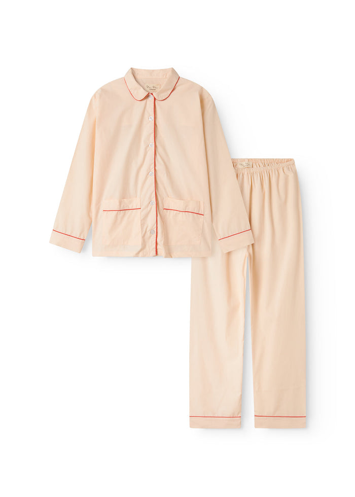 Pyjamas sæt til børn i lys beige: skjorte med orange piping og matchende bukser