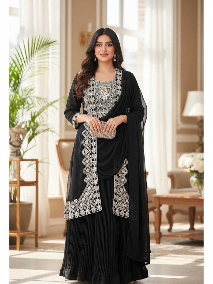 Kurti Connection USA black party gown with white floral embroidery, net jacket, and pre-stitched dupatta
