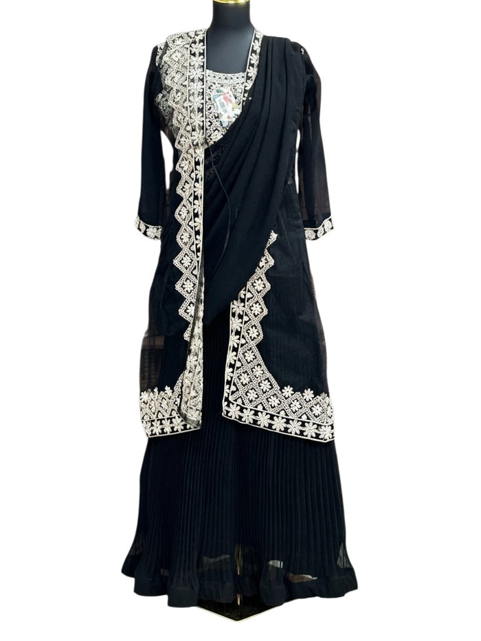 Kurti Connection USA black party wear gown with pre-stitched dupatta and embroidered net jacket on a mannequin