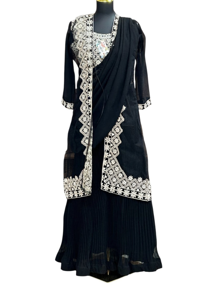 Kurti Connection USA black party wear long gown featuring a pre-stitched dupatta and lightweight embroidered net jacket