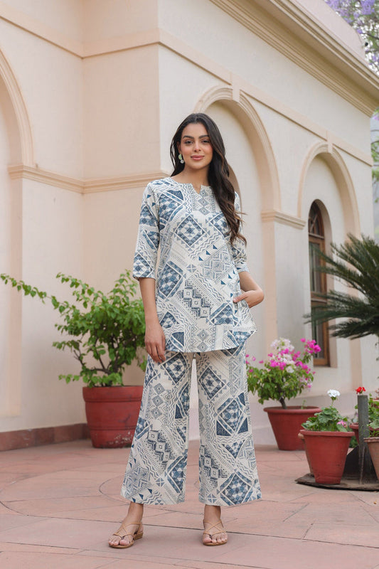 Pastel Puzzle Cotton Flex Palazzo Loungewear Set