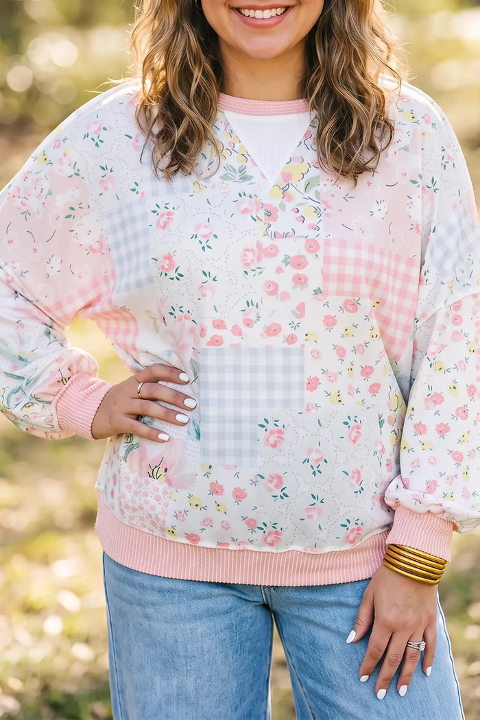 Patchwork Floral Print Long Sleeve Tunic Plus Size Blouse – Pink