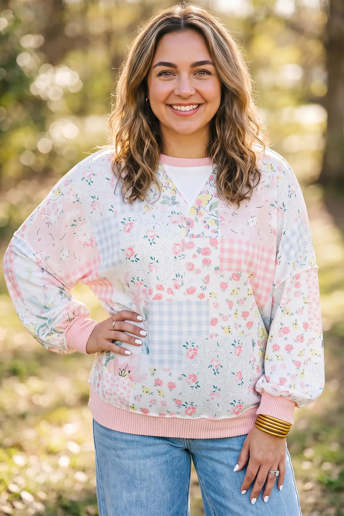 Patchwork Floral Print Long Sleeve Tunic Plus Size Blouse – Pink