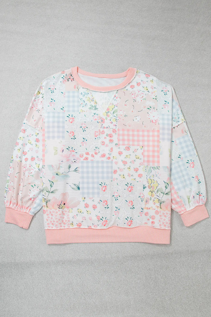 Patchwork Floral Print Long Sleeve Tunic Plus Size Blouse – Pink