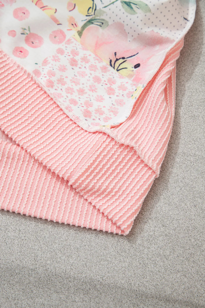 Patchwork Floral Print Long Sleeve Tunic Plus Size Blouse – Pink