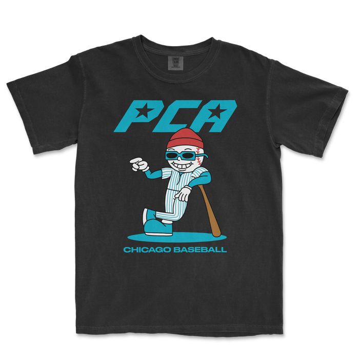 Pete Crow-Armstrong cartoon graphic t-shirt featuring a playful character in baseball attire, promoting Chicago baseball.