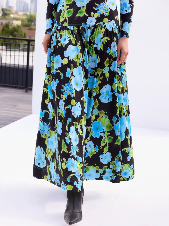 Petite Blue And Green Floral Dropped Waist Jersey Dress