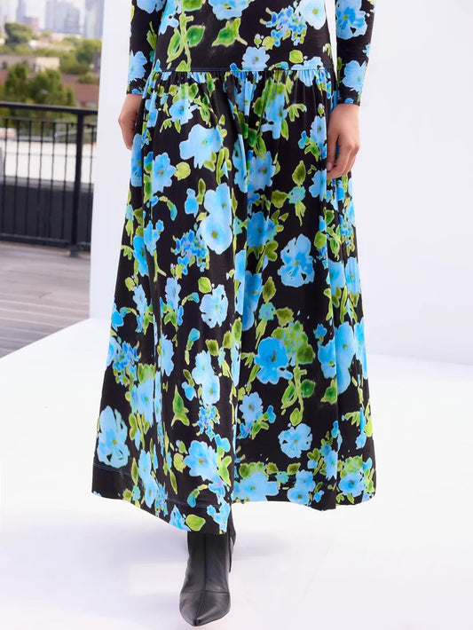 Petite Blue And Green Floral Dropped Waist Jersey Dress