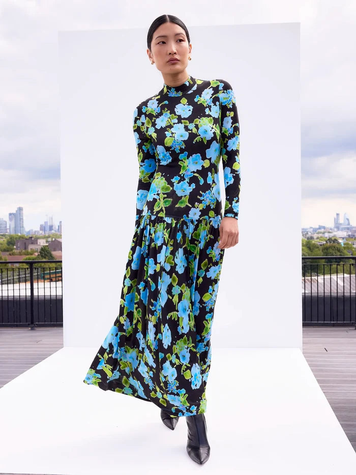 Petite Blue And Green Floral Dropped Waist Jersey Dress