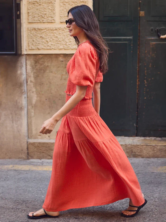 Petite Coral Cheesecloth Shirred Waistband Skirt