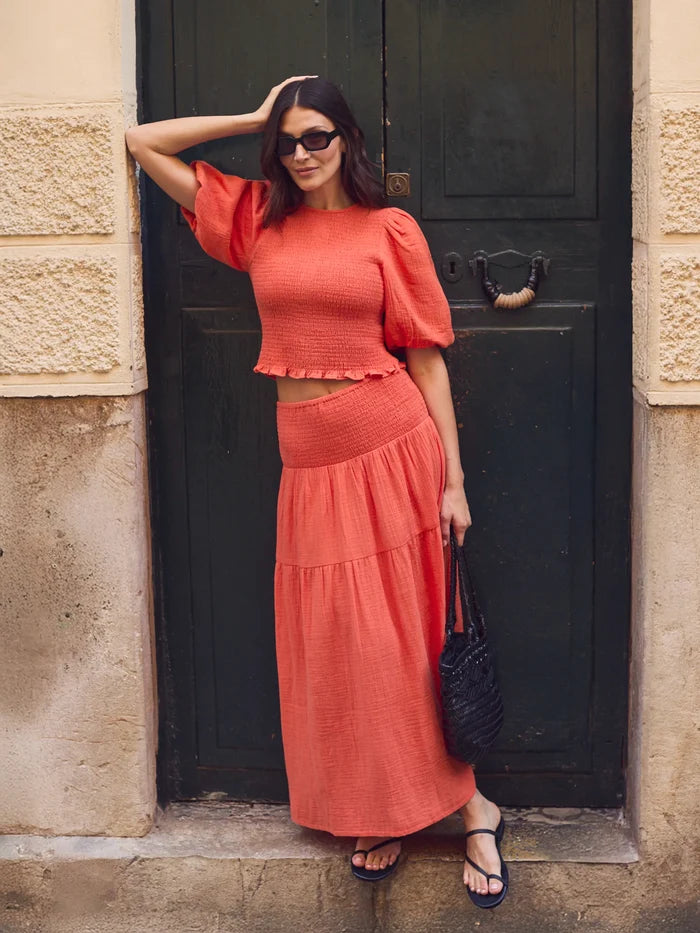 Petite Coral Cheesecloth Shirred Waistband Skirt