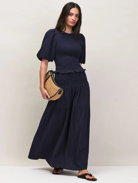 Navy Cheesecloth Shirred Waistband Skirt Co-Ord Resort Holiday Shop
