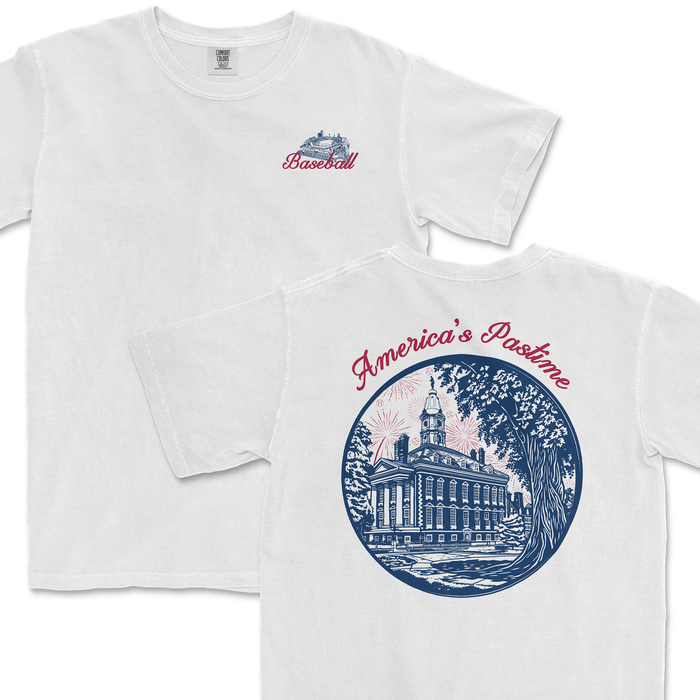 White t-shirt featuring a vintage baseball graphic on the front and an illustration of a historic building with "America's Pastime" text on the back.