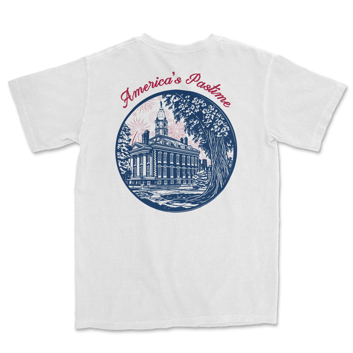White t-shirt featuring a vintage-style graphic of a historic building with "America's Pastime" text above.