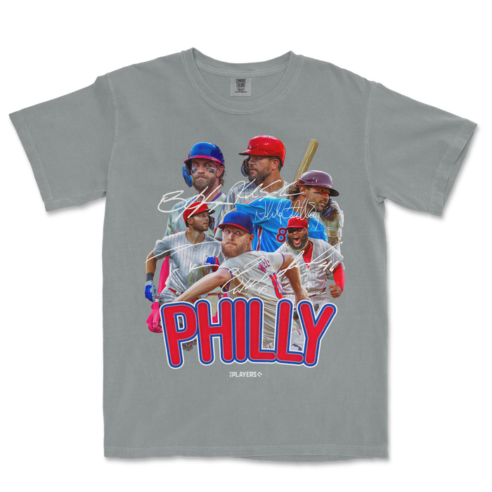 Gray T-shirt featuring a collage of baseball players, signatures, and bold "PHILLY" text in red and blue.