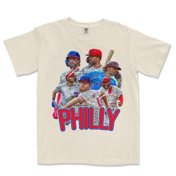 T-shirt featuring a collage of baseball players, signatures, and the bold text "PHILLY" in red and blue, celebrating Philadelphia baseball.