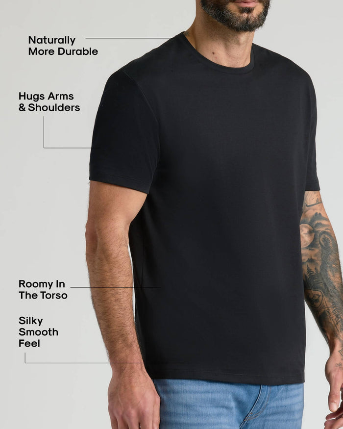Man wearing a black Pima Cotton Blend Crew 4-Pack t-shirt with a comfortable, roomy fit that hugs arms and shoulders, featuring a silky smooth feel and durable fabric.