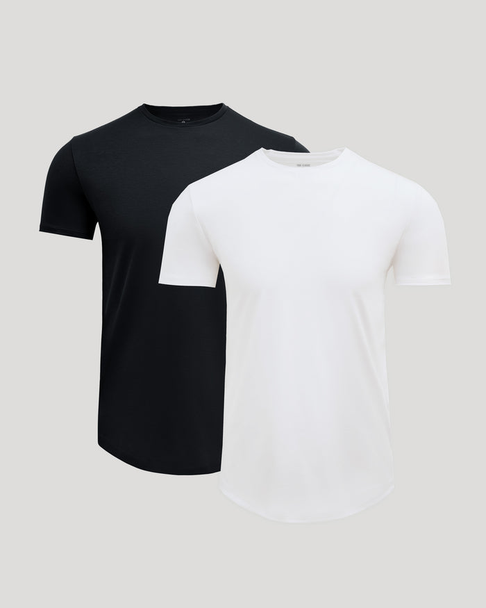 Two men's basic crew neck t-shirts in black and white featuring a curved hem, part of the Pima Cotton Blend Curved Hem Crew 2-Pack collection.