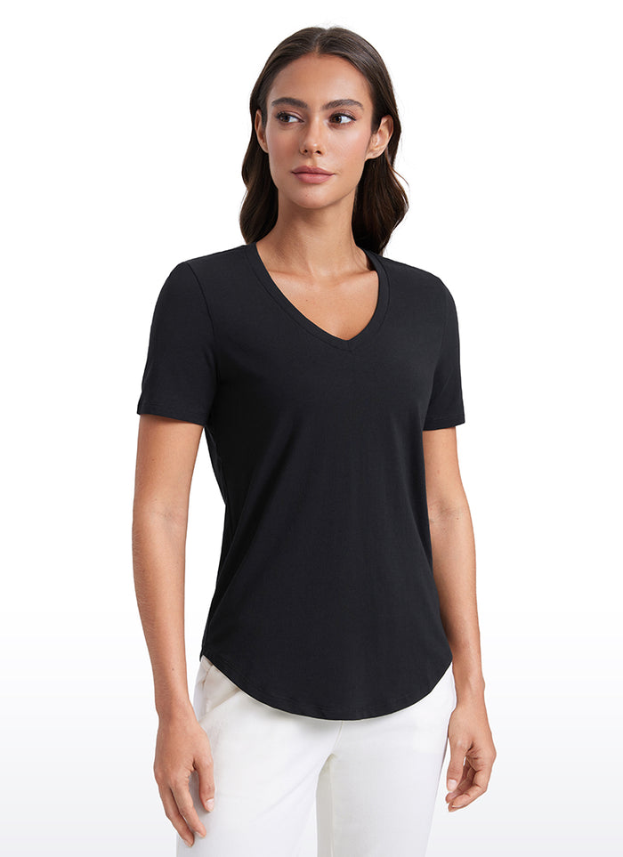 CRZ YOGA Women's Yoga Relaxed Fit Pima Cotton Short Sleeves V Neck Black