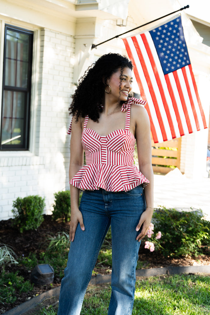 Pin Stripe Peplum Bow Tied Cami Top