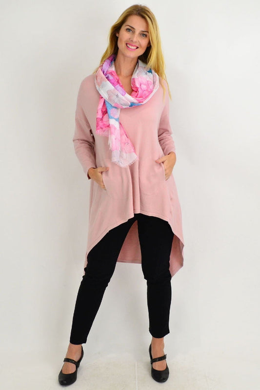 Pink Blush Heidi Hi-Low Tunic Jumper by Cali&Co, featuring a pink color, uneven hi-low hem, and casual, comfortable style.
