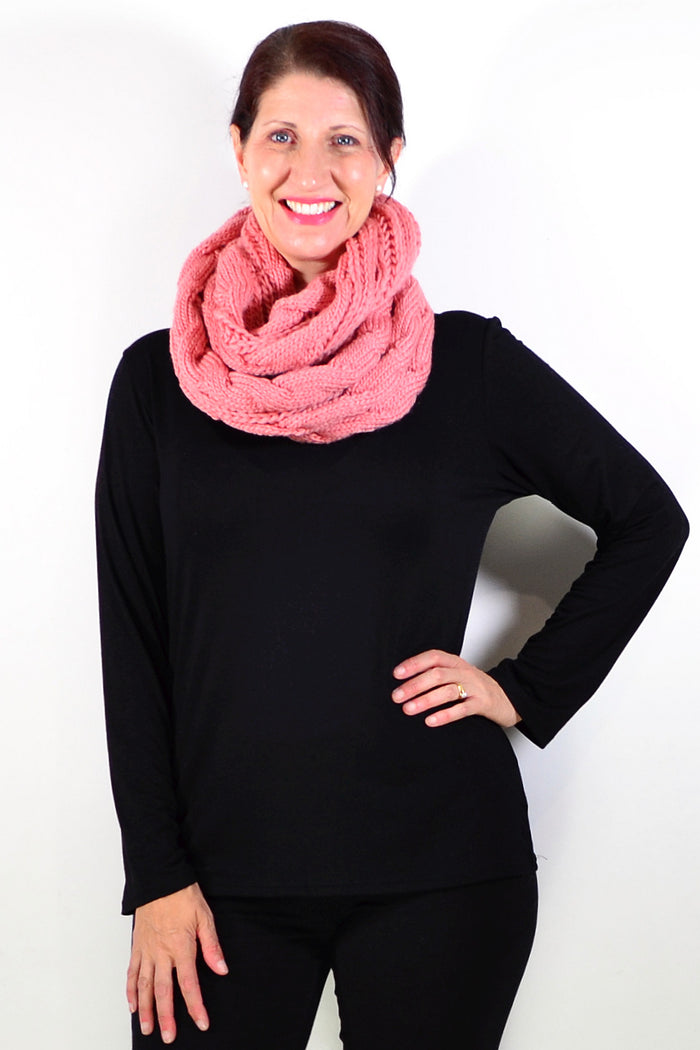 Pink infinity snood scarf from I Love Tunics, showcasing a soft, seamless circular scarf with a cozy, stylish design.