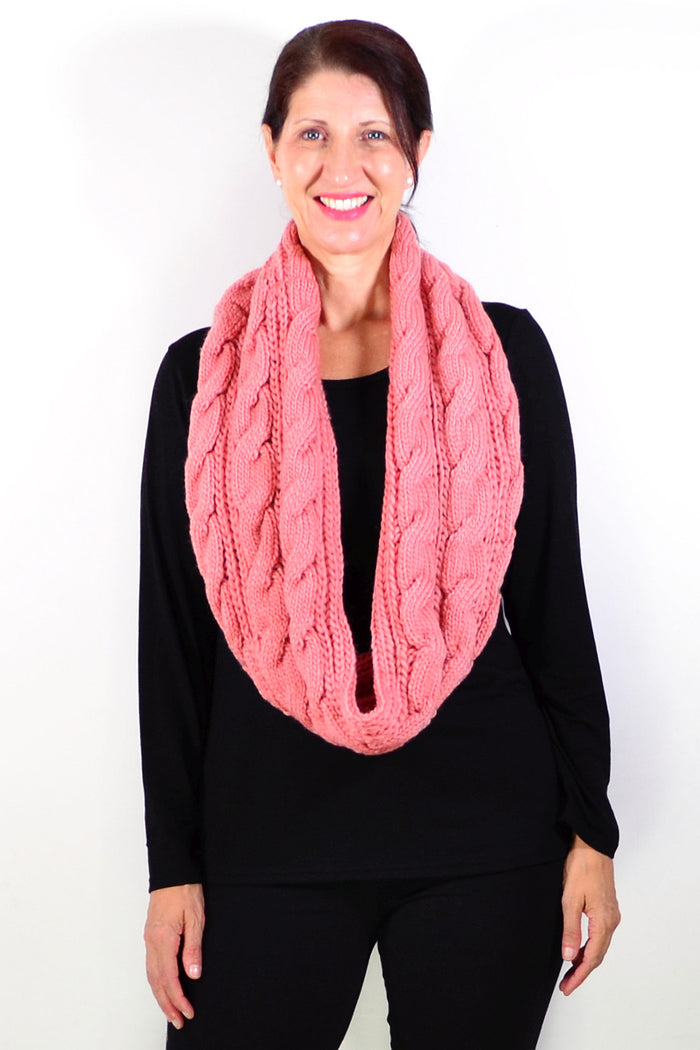 Pink infinity snood scarf by I Love Tunics, showcasing a soft, stretchy fabric looped in a stylish circular design.