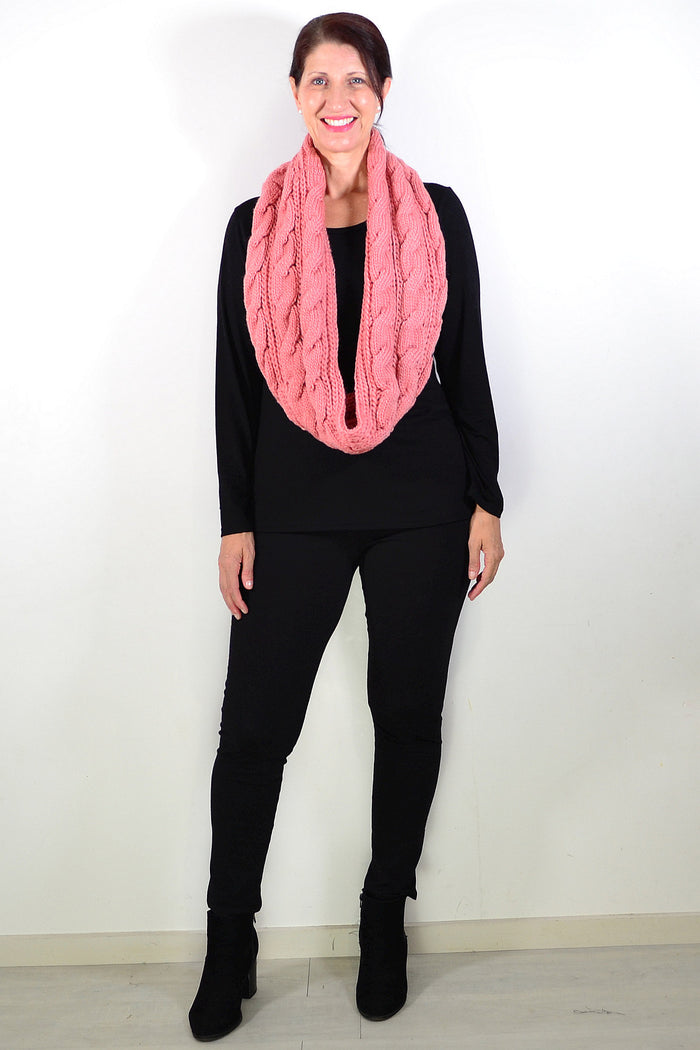 Pink infinity snood scarf from I Love Tunics, showing a soft, circular knit fabric with a smooth, cozy appearance.