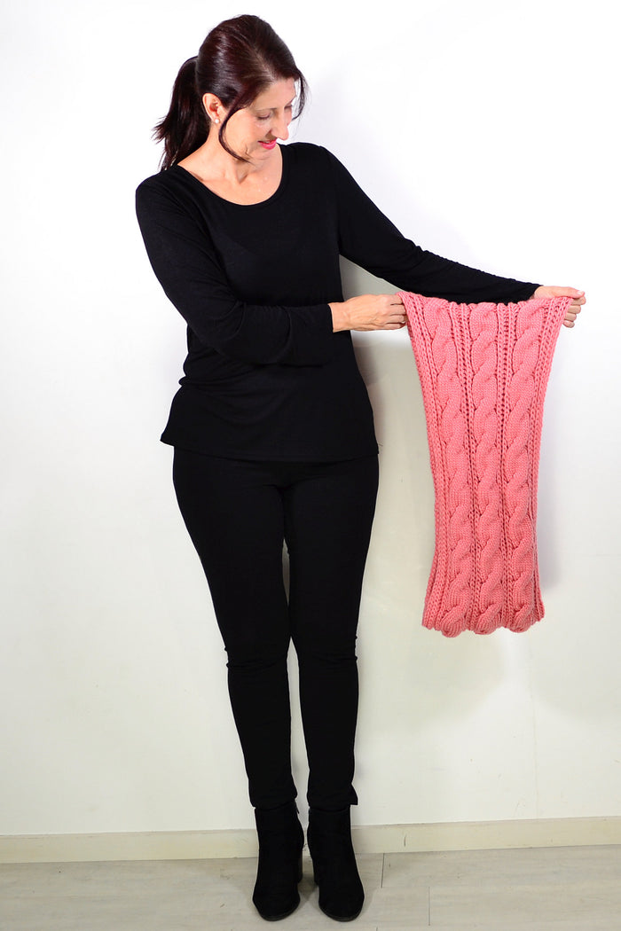 Pink infinity snood scarf from I Love Tunics, showcasing soft, cozy fabric looped for stylish warmth and comfort.