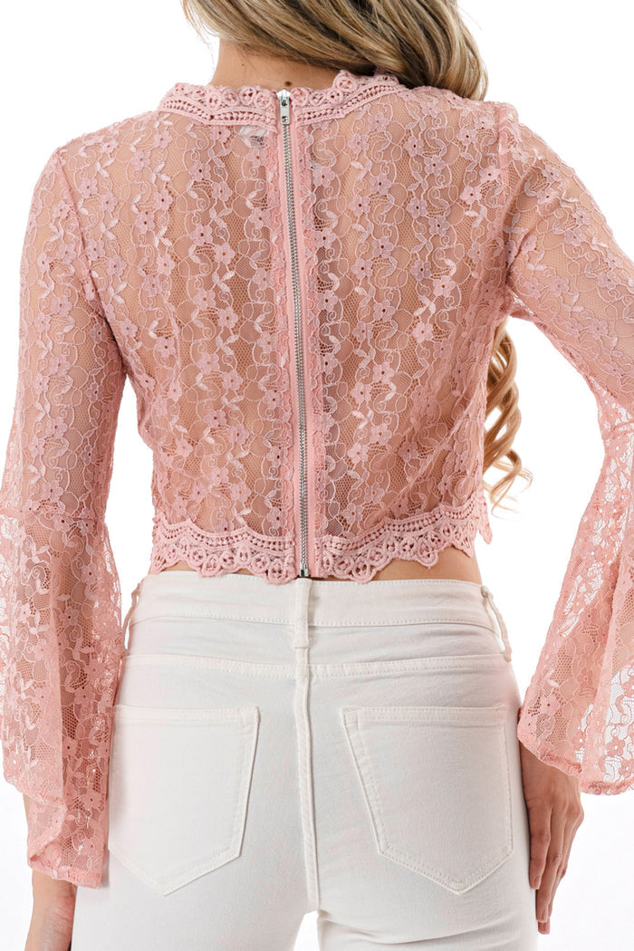 Pink Lace Bell Sleeve Crop Top - Born To Glam