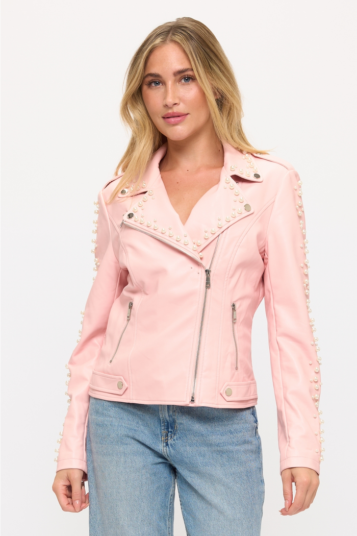 Pink vegan leather moto jacket with an asymmetrical zipper, notched collar, zip pockets, and pearl stud embellishment on the lapels and sleeves.