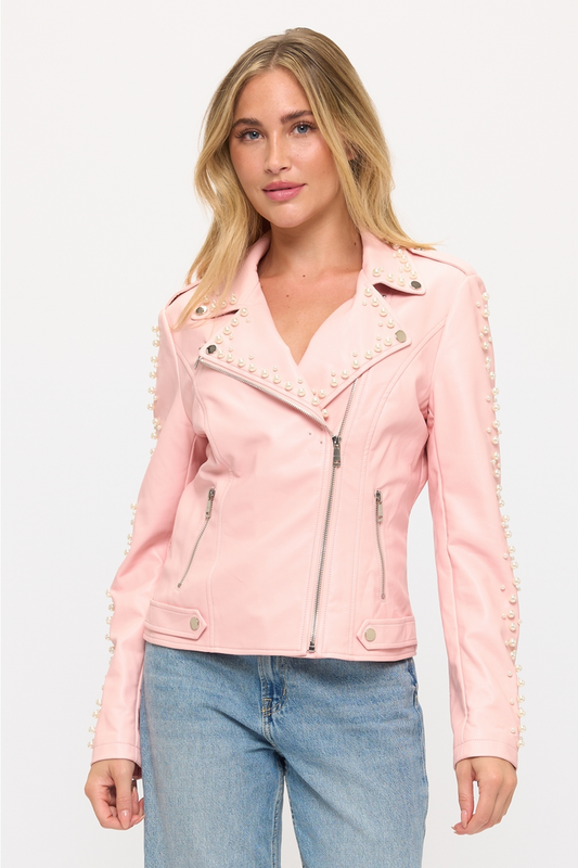 Pink vegan leather moto jacket with an asymmetrical zipper, notched collar, zip pockets, and pearl stud embellishment on the lapels and sleeves.