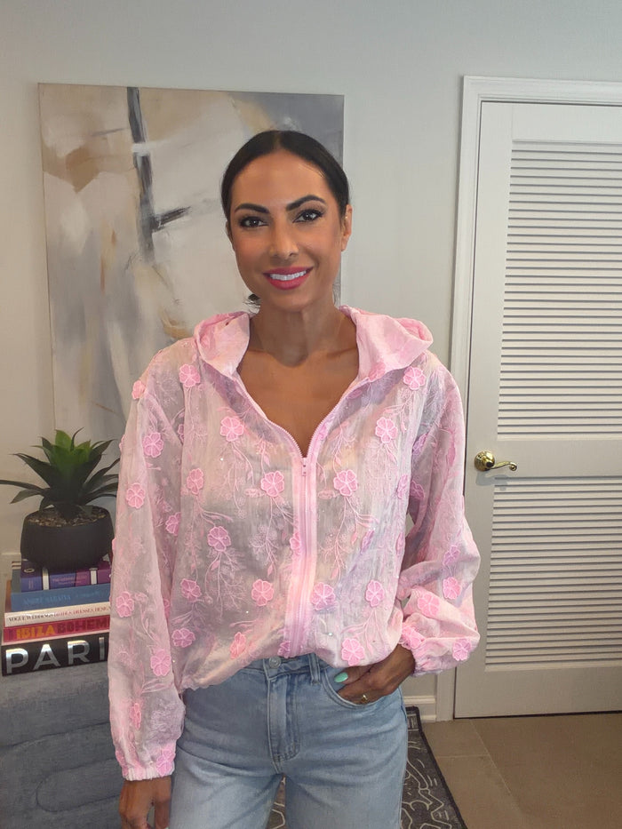 Pink Sheer Floral Embellished Jacket - Born To Glam