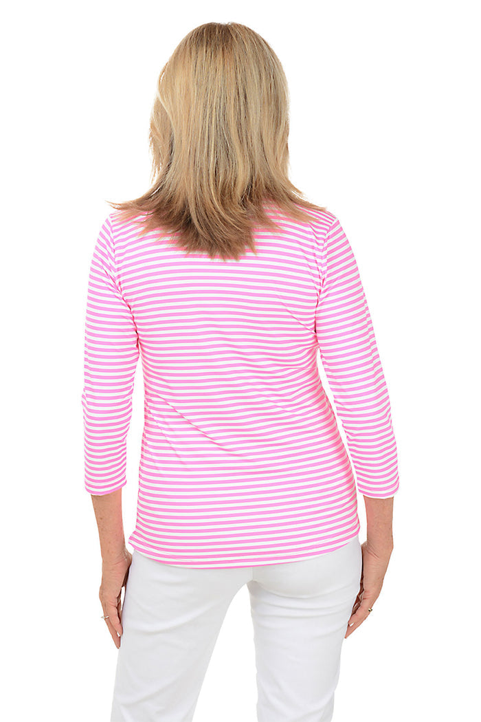 Woman wearing a pink and white striped shirt on a white background