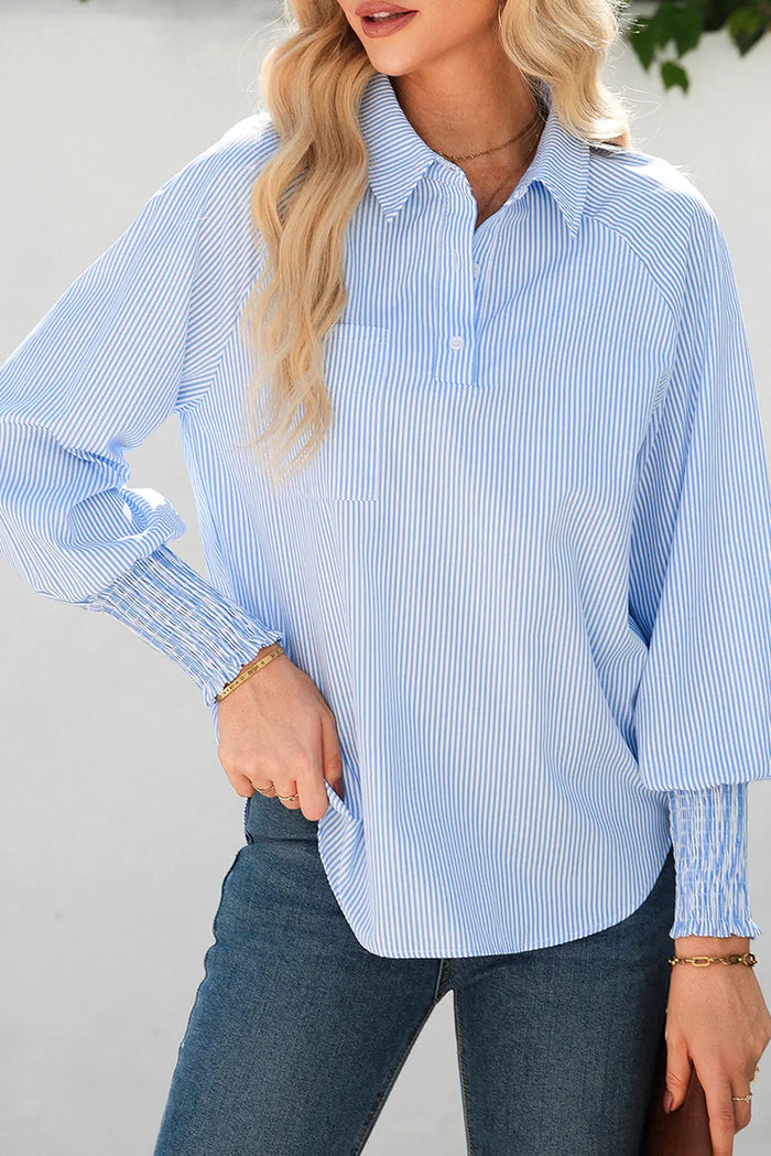 Pinstripe Long Sleeve Smocked Cuffs Button Shirt Collar Blouse – Sky Blue Stripe