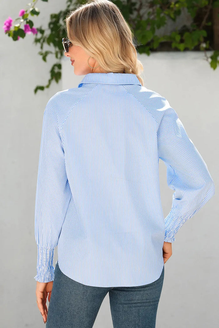Pinstripe Long Sleeve Smocked Cuffs Button Shirt Collar Blouse – Sky Blue Stripe