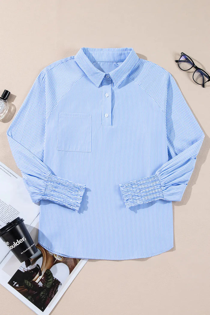 Pinstripe Long Sleeve Smocked Cuffs Button Shirt Collar Blouse – Sky Blue Stripe