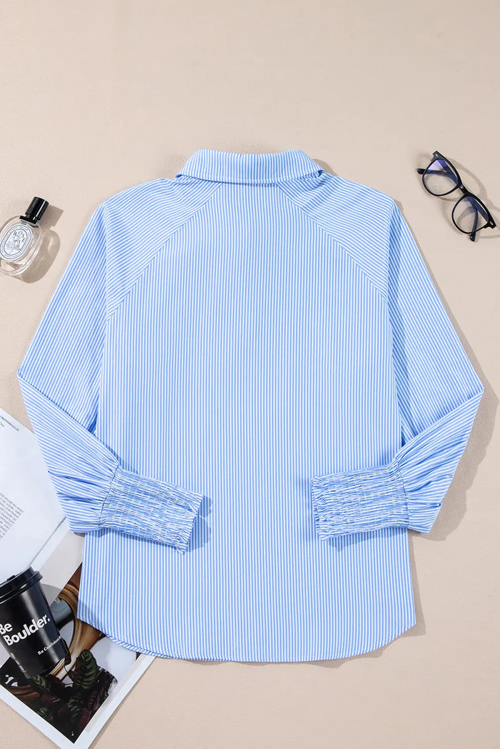 Pinstripe Long Sleeve Smocked Cuffs Button Shirt Collar Blouse – Sky Blue Stripe