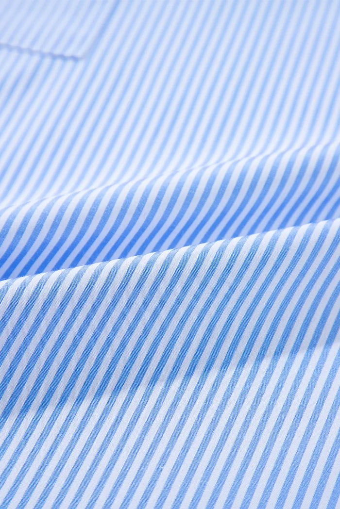 Pinstripe Long Sleeve Smocked Cuffs Button Shirt Collar Blouse – Sky Blue Stripe