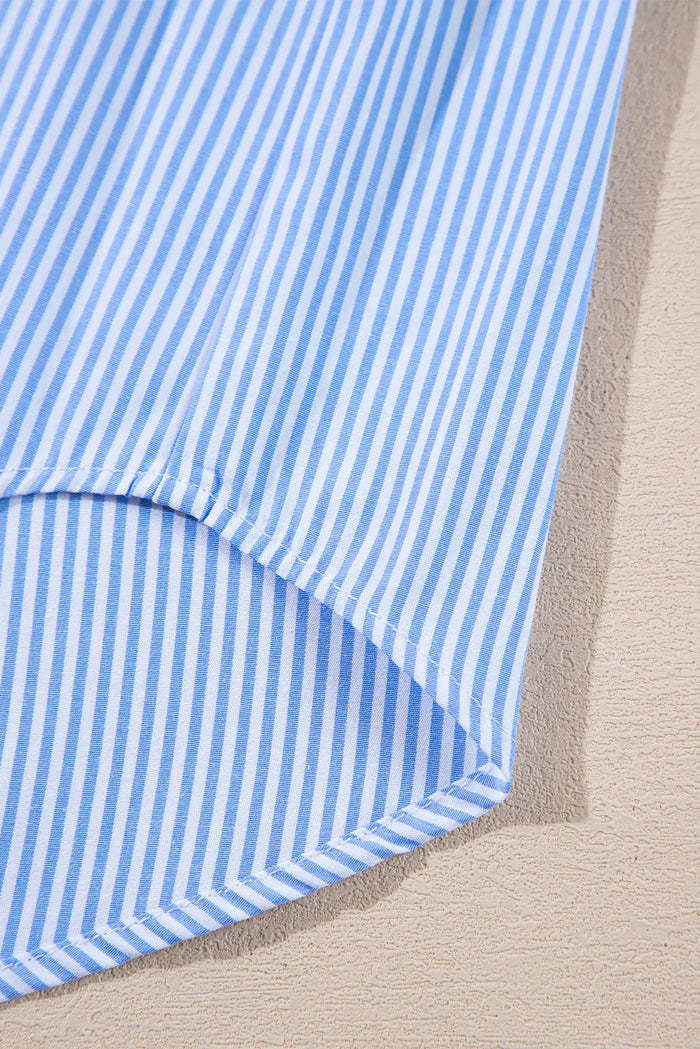 Pinstripe Long Sleeve Smocked Cuffs Button Shirt Collar Blouse – Sky Blue Stripe