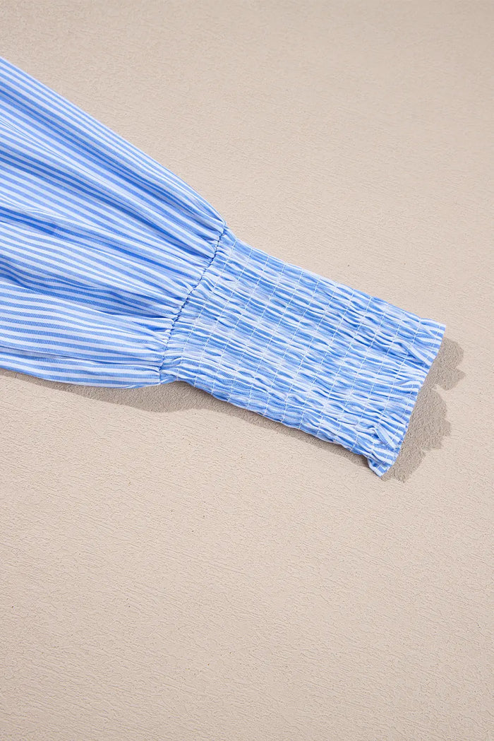 Pinstripe Long Sleeve Smocked Cuffs Button Shirt Collar Blouse – Sky Blue Stripe