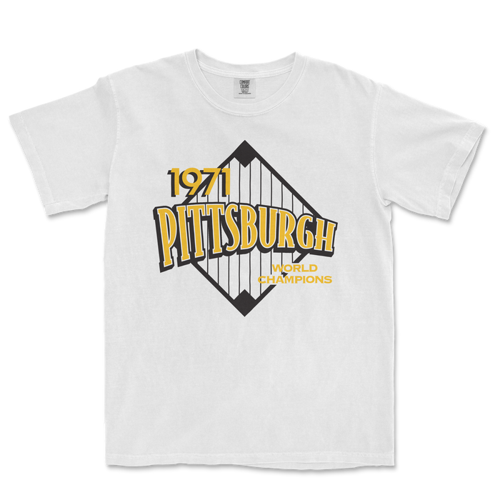 White T-shirt featuring a vintage Pittsburgh 1971 World Champions graphic with a stylized bridge design in black, yellow, and gray.