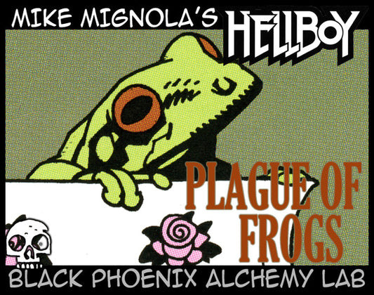 Comic book cover featuring a green frog with 'Plague of Frogs' text and 'Black Phoenix Alchemy Lab' logo.