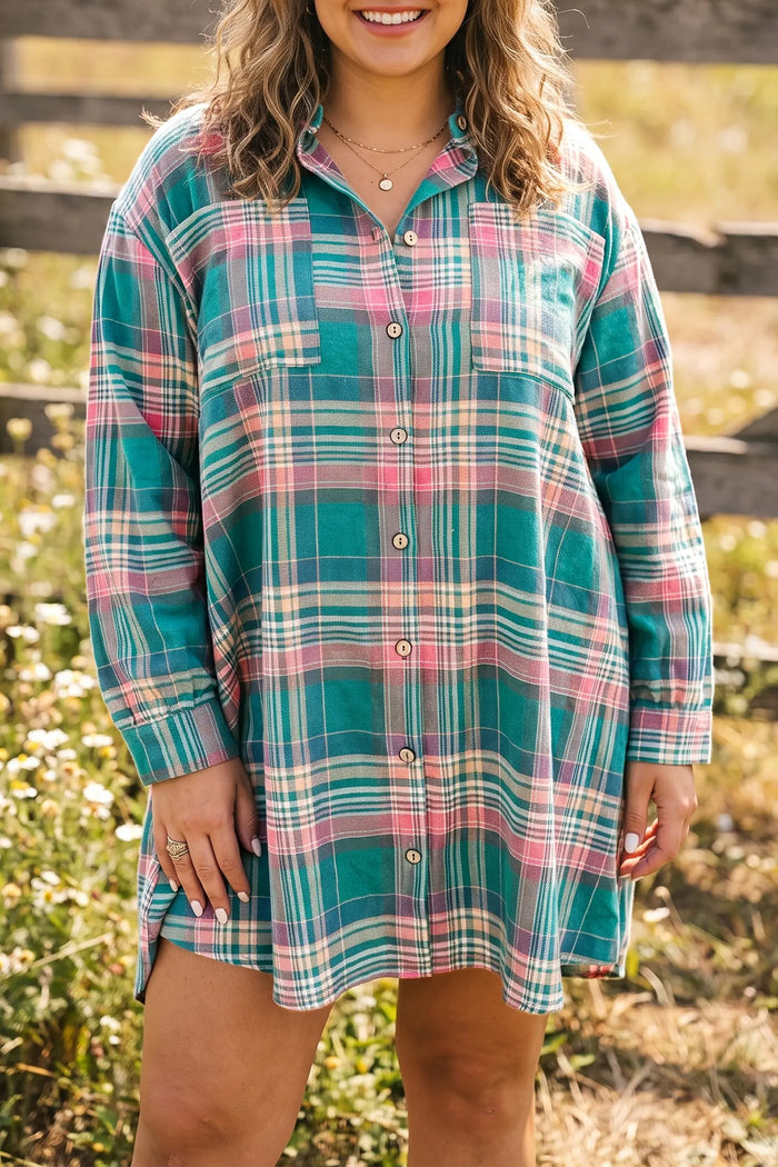 Plaid Button-Up Shift Long Sleeve V Neck Plus Size Dress – Green